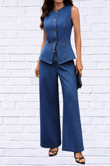 Effortless Style in One Set – Button Up Tank and Pants Denim Set