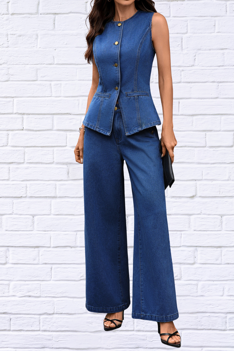 Effortless Style in One Set – Button Up Tank and Pants Denim Set