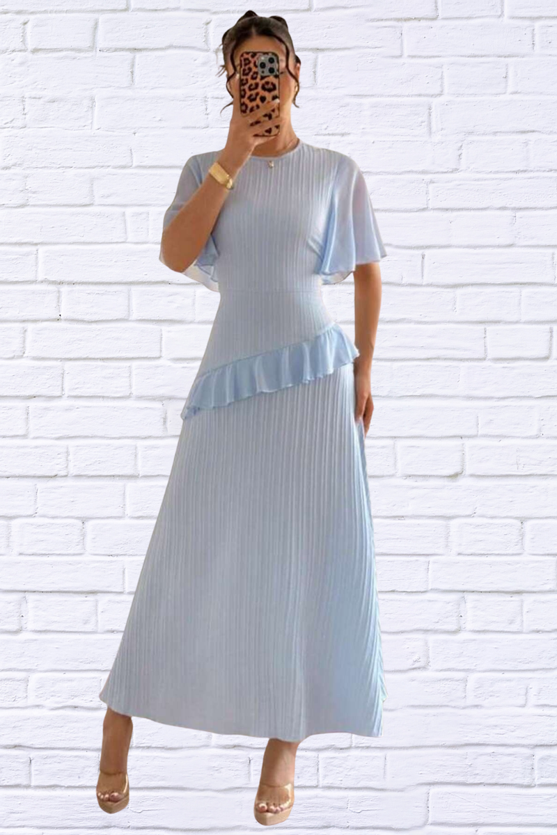 Ruffled Round Neck Flutter Sleeve Dress
