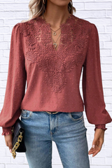 Swiss Dot Lace Detail Long Sleeve Blouse