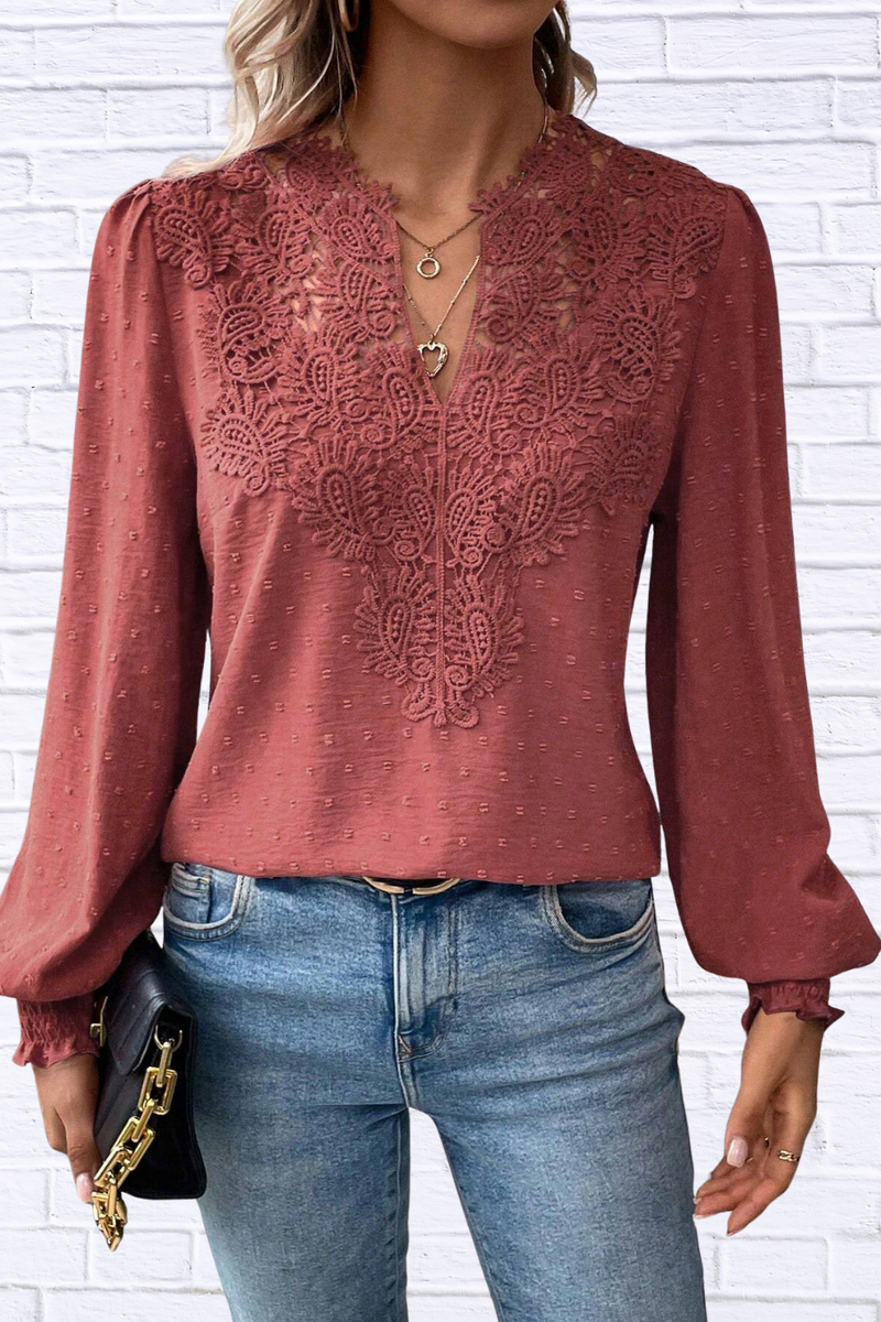 Swiss Dot Lace Detail Long Sleeve Blouse