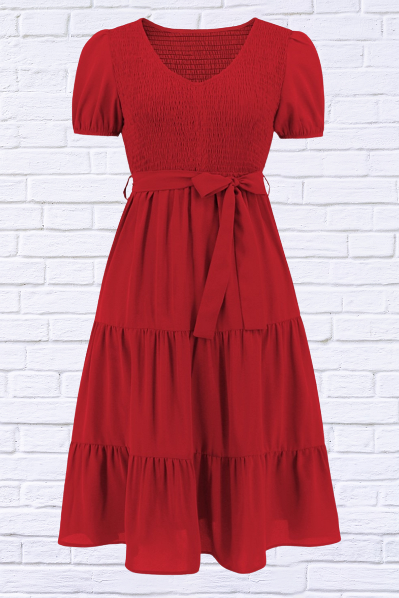 Smocked Tie Front Short Sleeve Tiered Dress