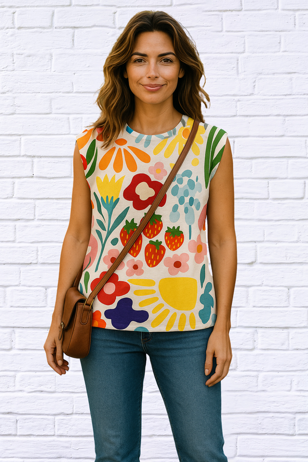 Jolene Printed Round Neck Cap Sleeve T-Shirt