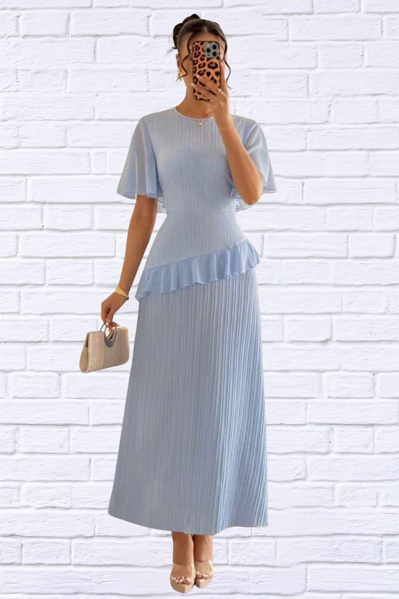 Ruffled Round Neck Flutter Sleeve Dress