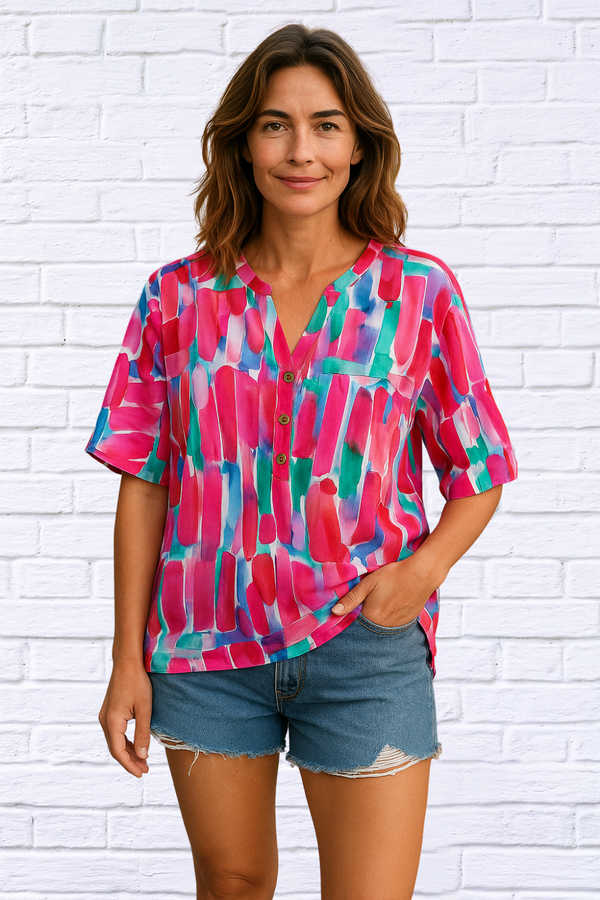 Printed Notched Half Sleeve Blouse