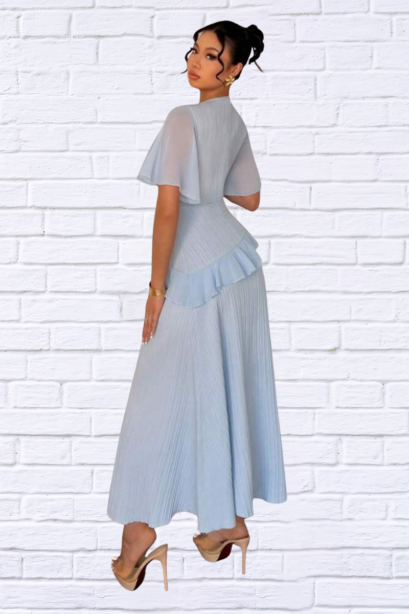 Ruffled Round Neck Flutter Sleeve Dress