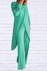 Full Size Slit Round Neck Long Sleeve Top and Pants Set