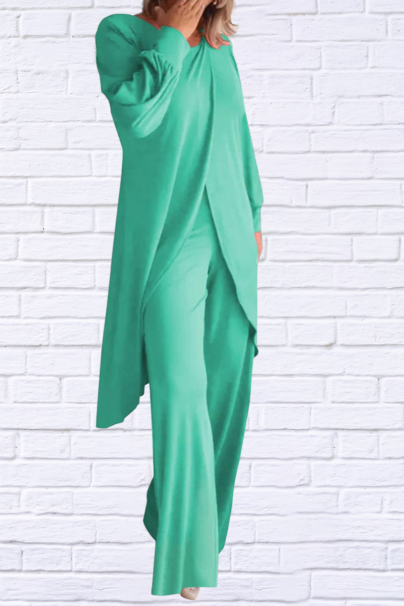 Full Size Slit Round Neck Long Sleeve Top and Pants Set