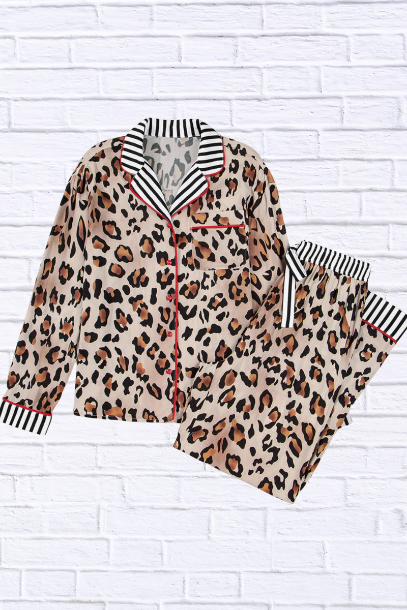 Leopard and Striped Trim Shirt and Pants Set