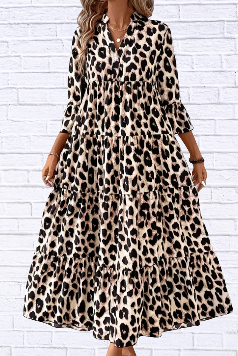 Leopard 3/4 Sleeve Midi Dress