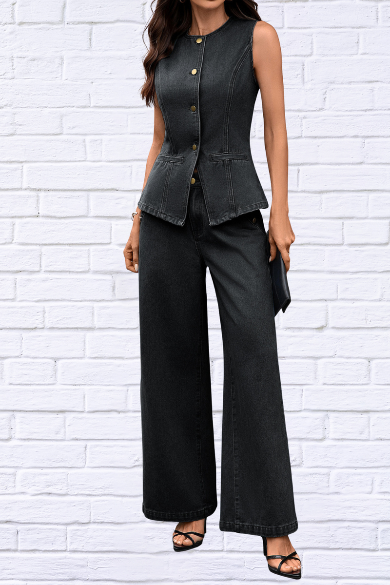 Effortless Style in One Set – Button Up Tank and Pants Denim Set