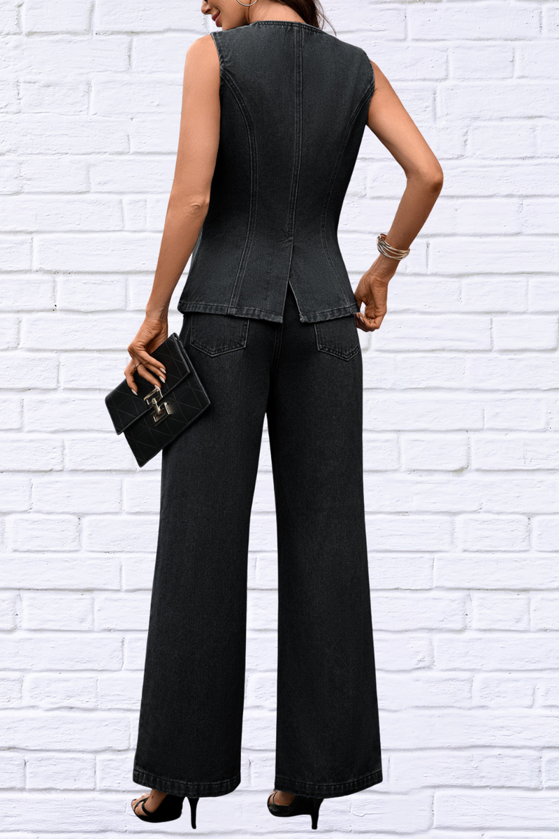 Effortless Style in One Set – Button Up Tank and Pants Denim Set