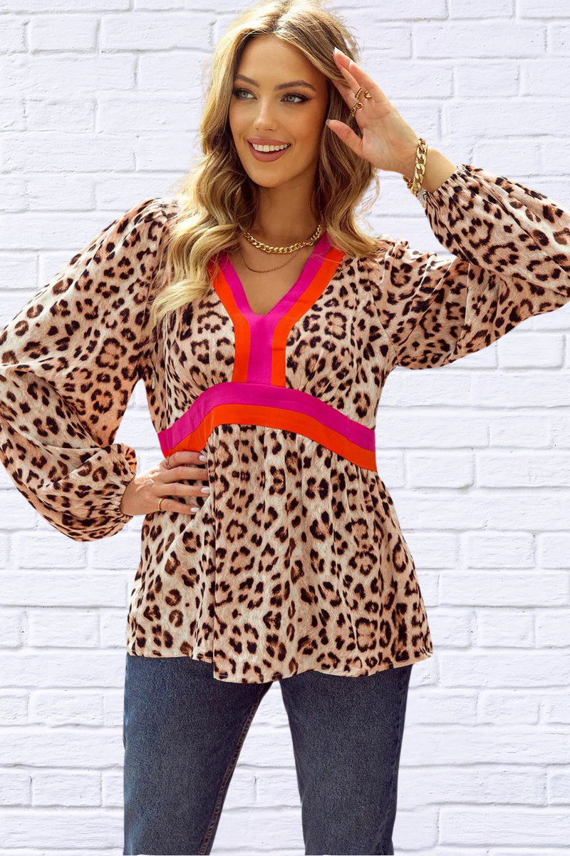 Leopard V-Neck Balloon Sleeve Blouse