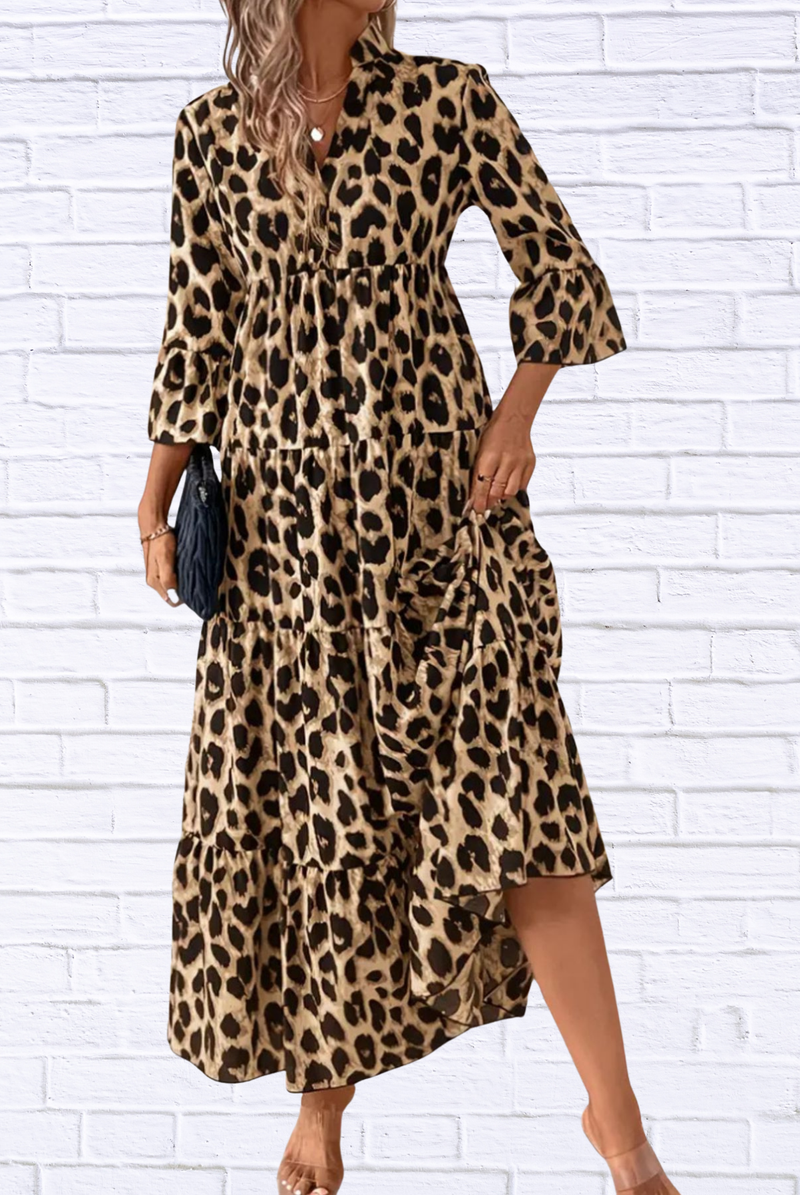 Leopard 3/4 Sleeve Midi Dress