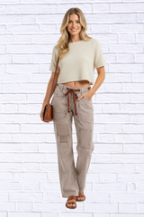 BiBi Drawstring Striped Twill Barrel Pants