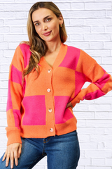 Melissa Woven Right Checkered V-Neck Dropped Shoulder Cardigan