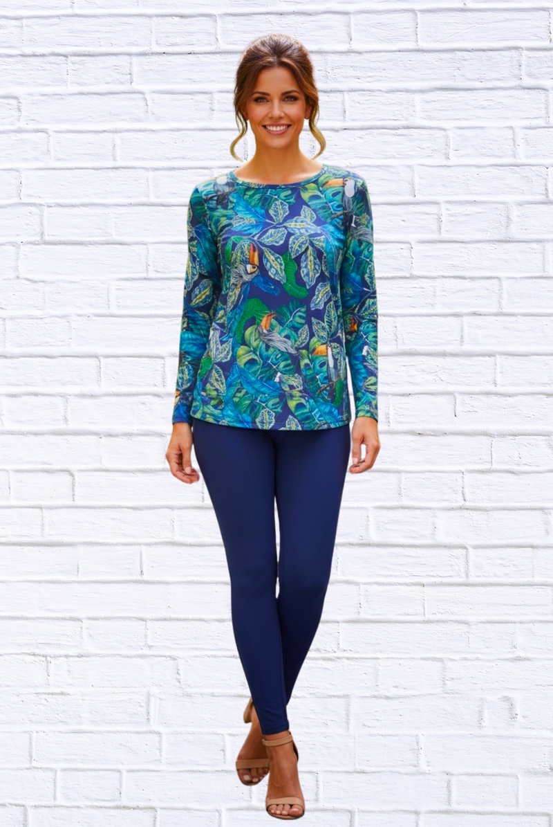 Tropical Toucan Print Long Sleeve Top – Soft Knit Round Neck Casual Statement Blouse