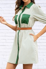 Stripe Color Block Patchwork Shirt Collar Button Down Puff Sleeve Mini Dress