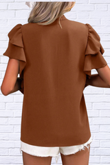 Ruffled Notched Short Sleeve Blouse