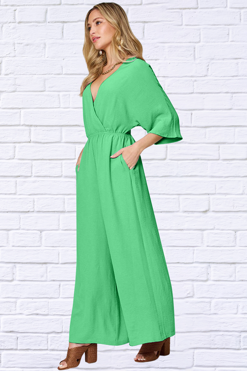 Double Take Full Size Surplice Wide Leg Jumpsuit with Pockets