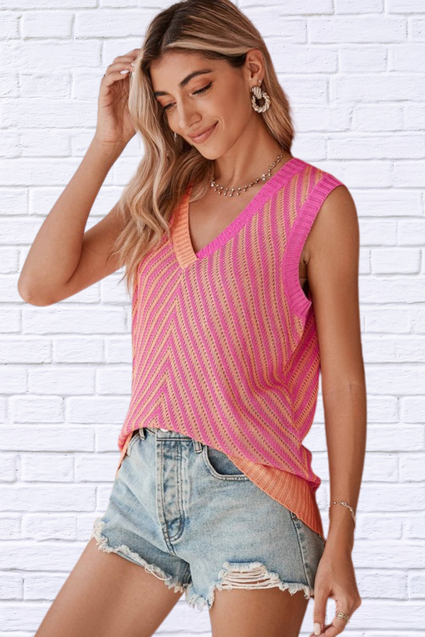 Pink Abstract Stripe Chevron knit sleeveless top