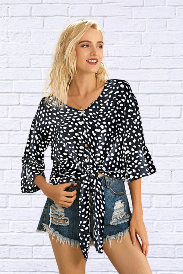 Tied Printed Button up V-Neck Blouse