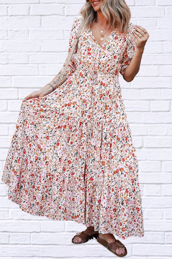 Boho Half Sleeve Floral V-Neck Maxi Dress – Free-Spirited Elegance for Every Occasion