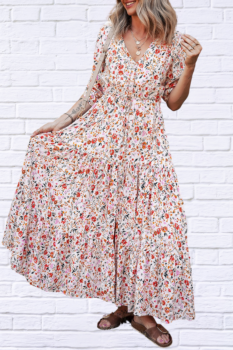 Boho Half Sleeve Floral V-Neck Maxi Dress – Free-Spirited Elegance for Every Occasion