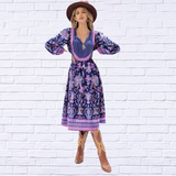 Printed Tie Neck Long Sleeve Midi Dress
