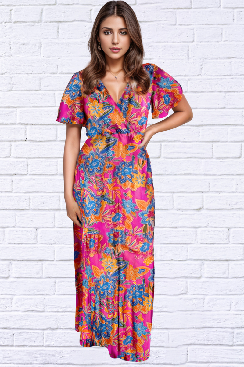 Multi Color Printed Surplice Short Sleeve Maxi Dress