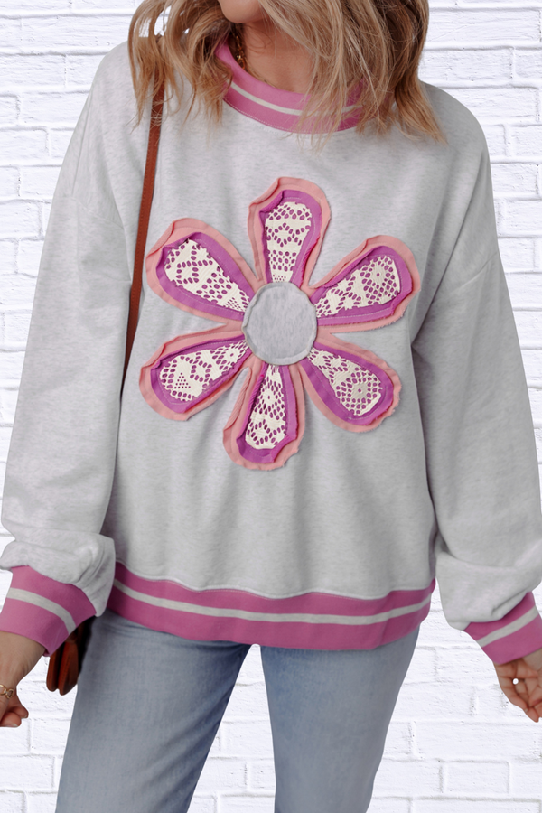 Flower Patch Contrast Trim Crew Neck Sweatshirt