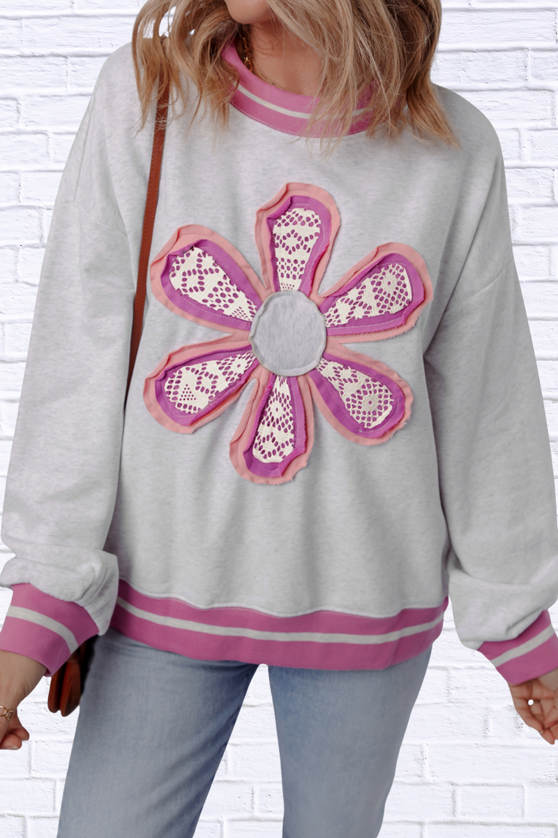 Flower Patch Contrast Trim Crew Neck Sweatshirt