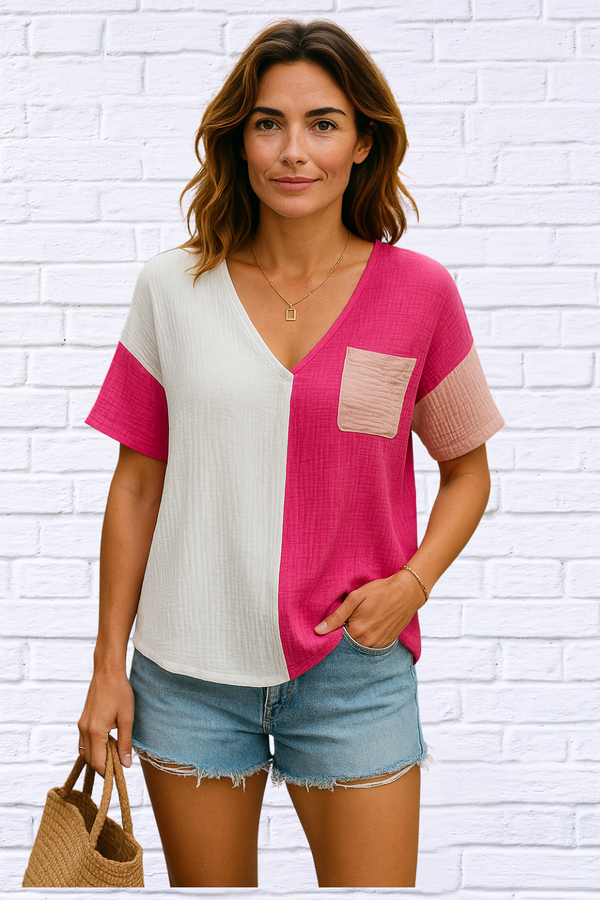 Color Block Johnny Collar Short Sleeve Blouse