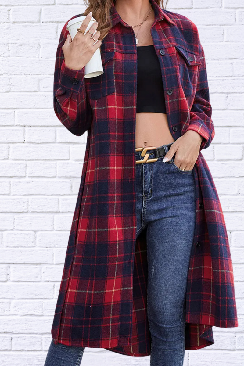 Double Take Plaid Belted Button Down Longline Shirt Jacket