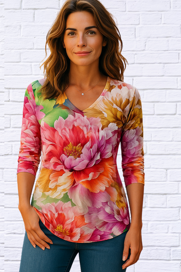 Floral Soft Knit V-Neck T-Shirt