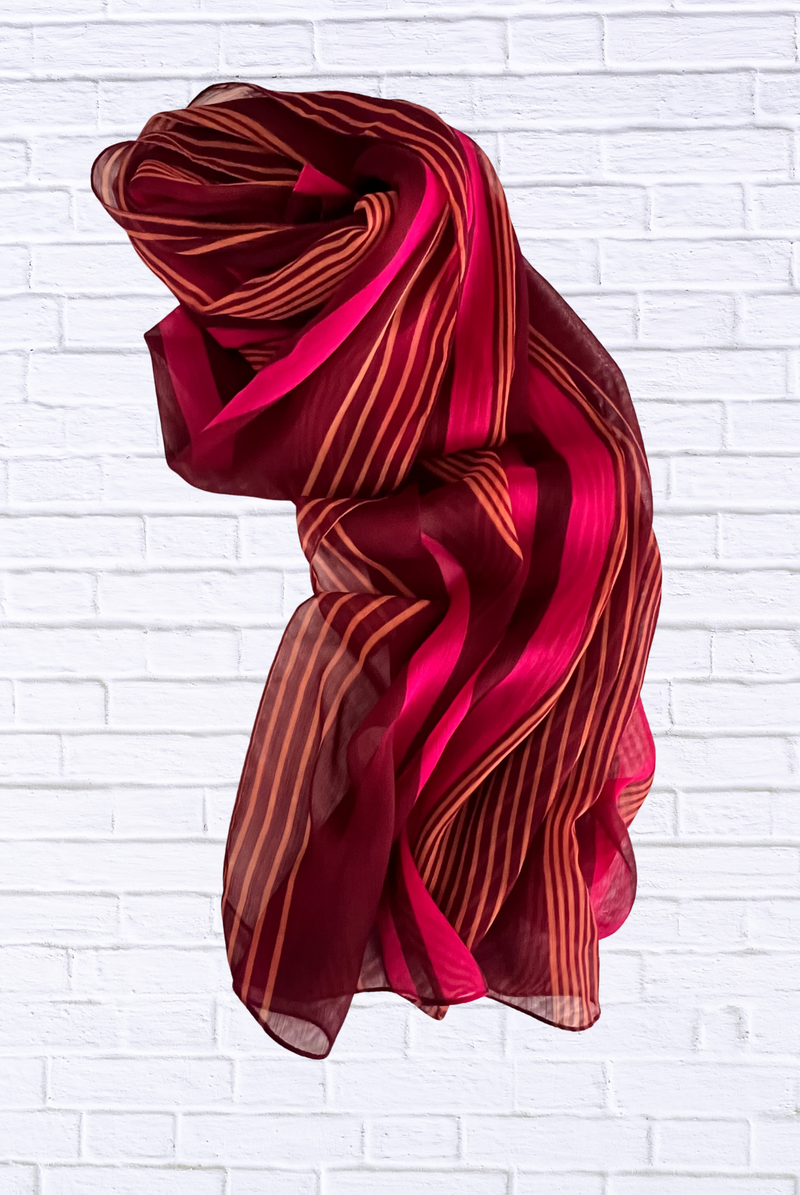 Chiffon Striped Scarf – Elegant Sheer Wrap in Deep Red & Fuchsi