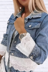 Cropped Denim Jacket with Lace Trim