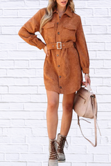 Button Front Belt Long Sleeve Corduroy Dress