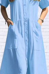 Button Front Short Sleeve Midi Dress