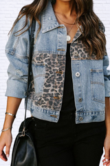 Distressed Leopard Drop Shoulder Denim Jacket