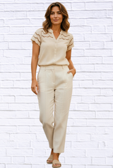 Eyelet Scallop Sleeve Button-Up Blouse – Cream Beige