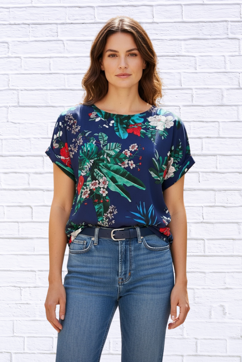 Navy Tropical Floral Viscose Blouse – Short Sleeve Round Neck Lightweight Top