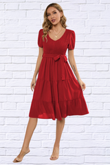 Smocked Tie Front Short Sleeve Tiered Dress