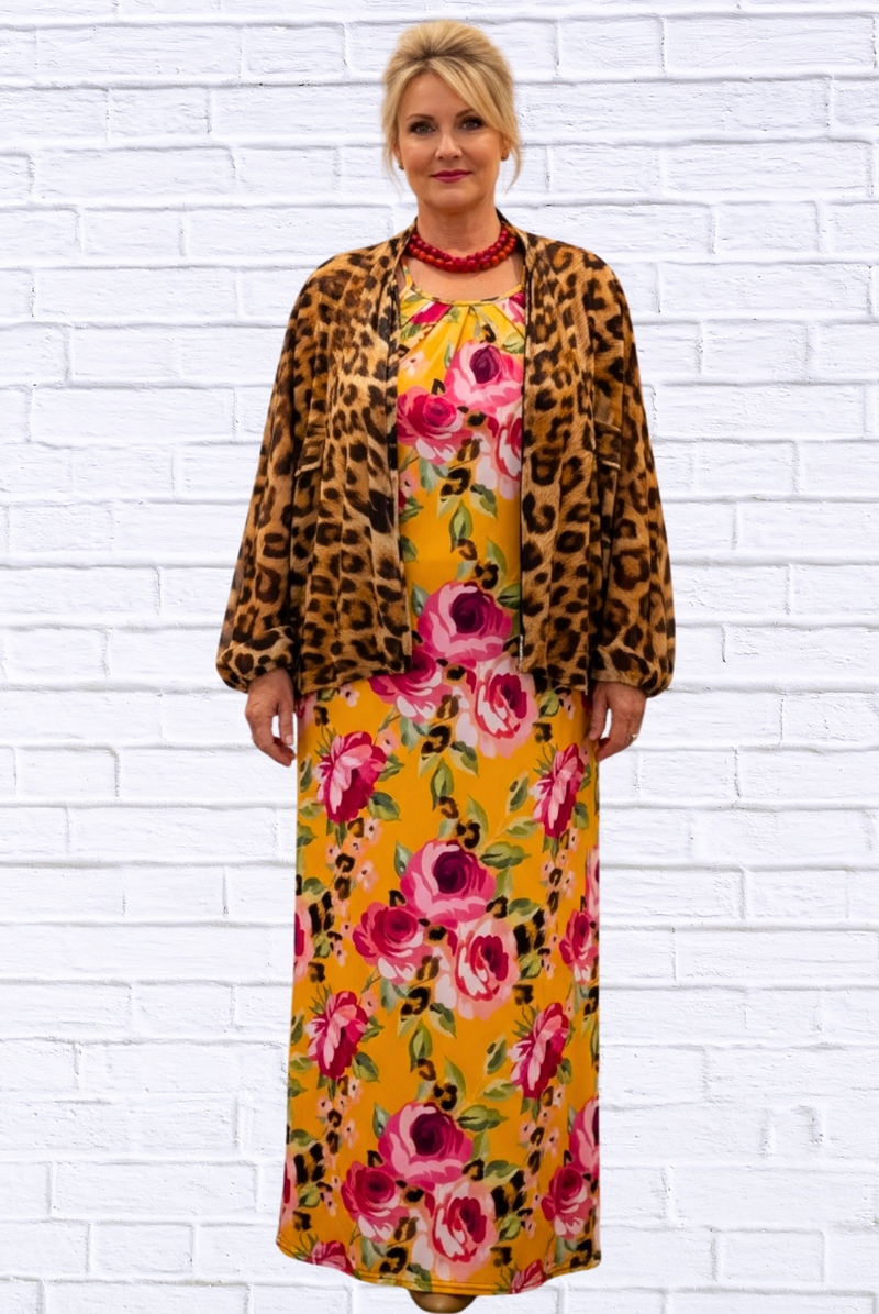 Demi Column Maxi Dress - Tangerine/Cerise Pink / Animal Combo