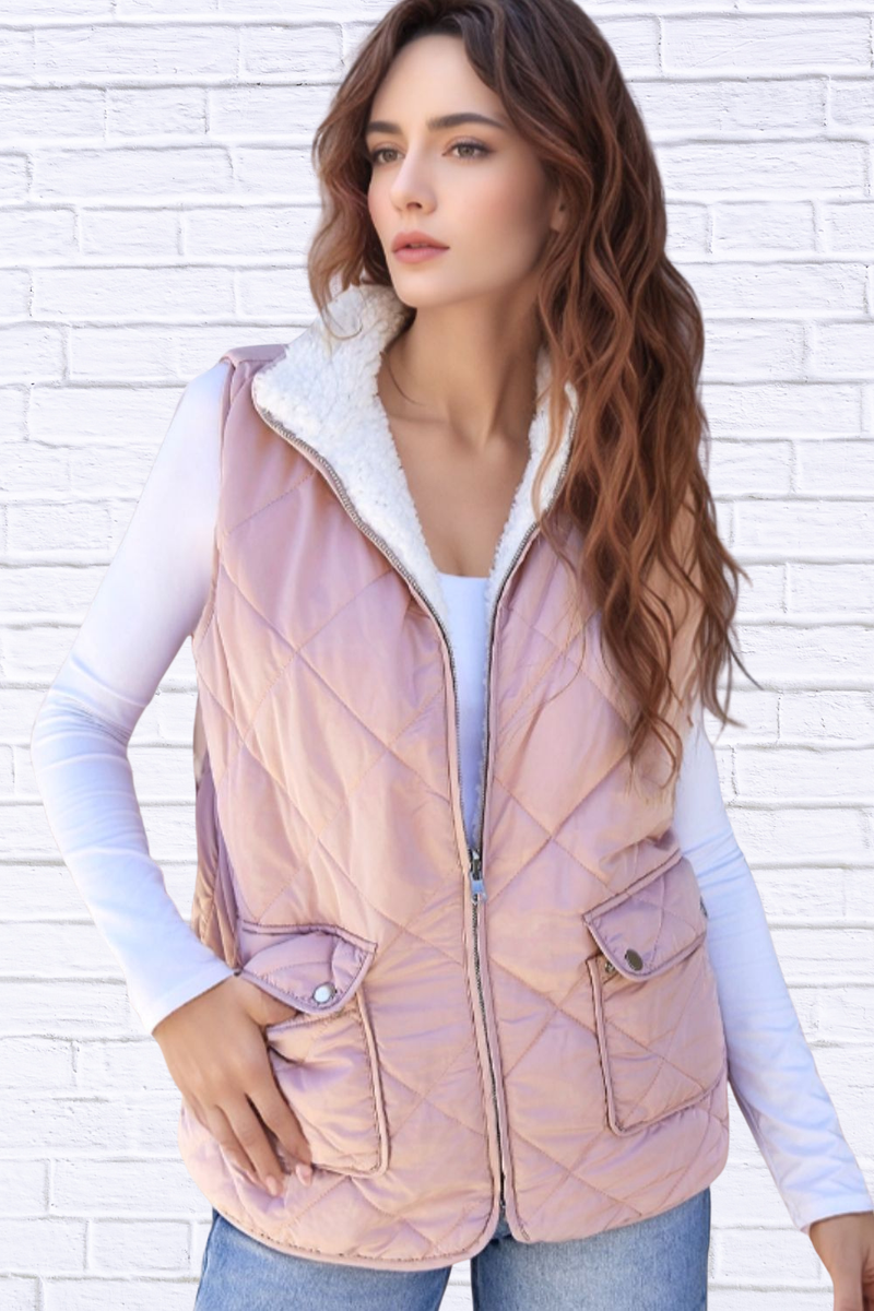Quilted Sherpa-Lined Vest Coat