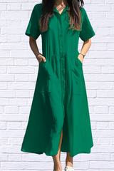 Button Front Short Sleeve Midi Dress