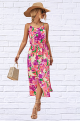 Printed Spaghetti Strap Front Slit Dress
