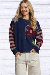 Flower Jacquard Striped Long Sleeve Sweater