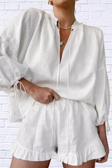 Playful & Polished – Tie Neck Balloon Sleeve Blouse and Shorts Set