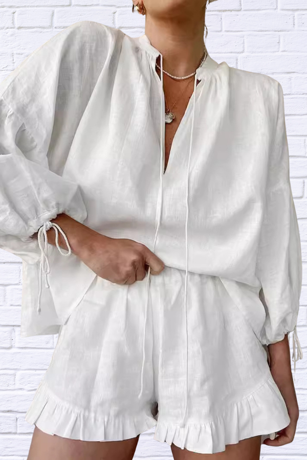 Playful & Polished – Tie Neck Balloon Sleeve Blouse and Shorts Set